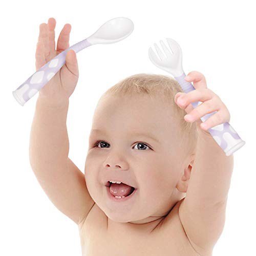 Qshare Baby Utensils Spoons with Travel Safe Case, Toddlers Feeding Training Spoon with Easy Grip and Bendable Function, Perfect Self Feeding Learning Spoons (Set of Purple) - Thumbnail 3