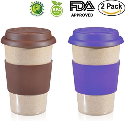 16oz ValuePack Brown + Purple 100% Organic EcoFriendly Reusable Travel Mug, To Go Takeaway Coffee Cup, Biodegradable Material FDA Approved BPA Free, Leak Proof Silicone Lid &amp; Heat Resistant Grip