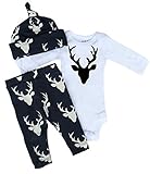 Newborn Infant Baby Girls Boy Deer Tops Bodysuit Long Pants Hat 3pcs Outfits Set