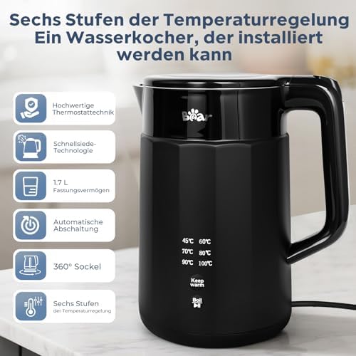 Electric Kettle 1800W-2200W 1.7L 45°C ~ 100°C Kettle with 6 Temperature Controls, Automatic Shut-Off and Keep Warm Function, 304 Stainless Steel, Dry Protection, BPA Free Smart Fast B