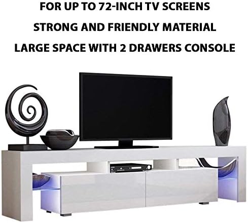 LVR Supply 63" TV Stand | Elegant High Gloss LED Light Glass Shelves | TV Cabinet Modern TV Table 2 Drawers Console | Durable Entertainment Center (White) for up to 72-inch TV Screens