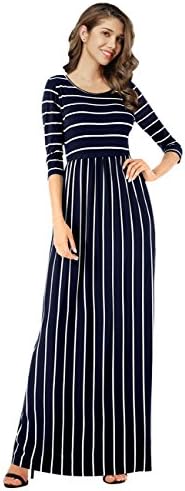 VAN CHY Women's 3/4 Sleeve Loose Striped Maxi Dresses Casual Long Dresses With Pockets Navy Blue L