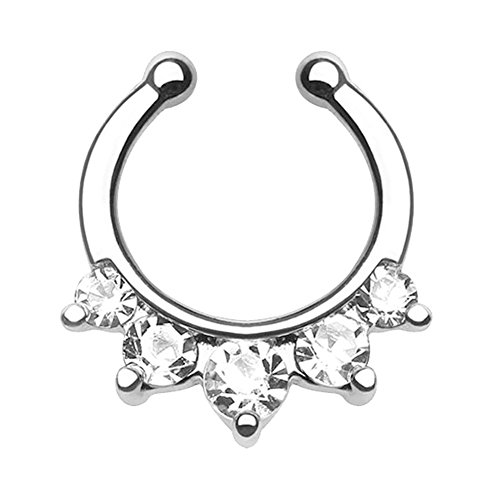 White Gold Plated Fake Nose Ring Septum Piercing, CZ Cubic Zirconia Crystal Faux Nose Rings for Women Girl Nose Hoop Ring Clip On Body Non-Piercing Jewelry (Clear)