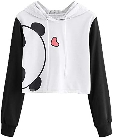 Simayixx Women Hooded Crop Tops Plus Fashion Women Cute Cat Panda Printed Hoodie Sweatshirts Pullover Jumper