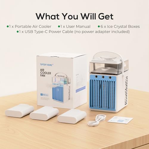 Portable Air Conditioners, 4-IN-1 Evaporative Air Cooler with App Control, 800ml Water Tank, Rechargeable Mini Air Conditioner, 3 Speeds & 3 Mist, Colorful Night Light Cooling Fan (White)
