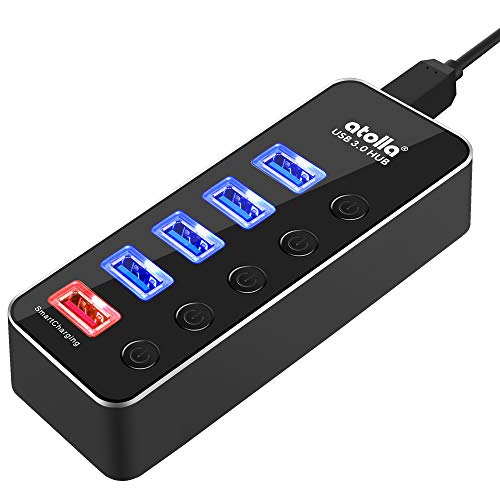 atolla USB Hub Aluminum USB 3.0 Hub 4-Port SuperSpeed USB 3.0 & 1 Fast Charger Port with Individual On Off Switch Heavy Duty Detachable 39-inch USB Extension Cord w/o Power Adapter (D2)