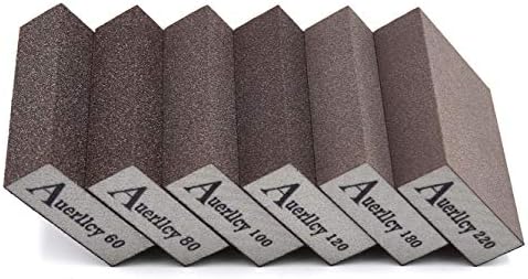 Sanding Sponge, Auerllcy 6 Pieces 60/80/100/120/180/220 Grit Sanding Blocks Assortment, Coarse/Medium/Fine. Washable and Reusable. (6 PCS)