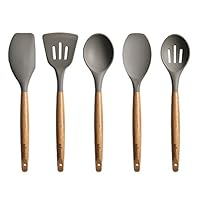 Miusco 5 Piece Silicone Cooking Utensil Set with Natural Acacia Hard Wood Handle