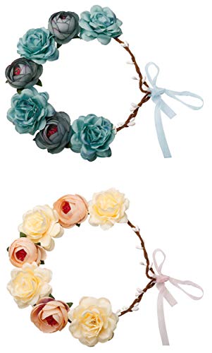 Thunaraz Women Boho Floral Crown Hair Wreath Flower Headband with Adjustable Ribbon Halo Festival Wedding Party - Thumbnail 3