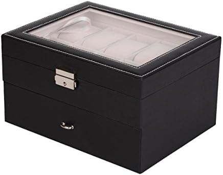 20 Slot Leather Watch Box Display Case Organizer Glass Top Jewelry Storage Black New Large