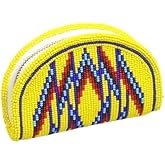 La Vivia Beaded Coin Purse Yellow for Women Small - Handmade Mini Zipper Wallet Native American Style - Czech Seed Beads Leather Pouch Change Purse Cute Vintage Boho Wristlet Travel Compact