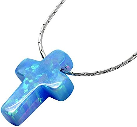 Created Blue Opal Cross Necklace Christian Charm Pendant Thread Through a 18.9" Snake Chain
