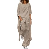 Zhyaj 2 Piece Cotton Set for Women Long Sleeve Irregular Pullover Linen Shirt Fall Casual Wide Leg Pants Suit