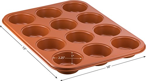 Ceramic Coated Copper Muffin Pan 12 Cup - Premium Nonstick, Even Baking, Dishwasher and Oven Safe - PTFE/PFOA Free -Red Cookware and Bakeware by Bovado USA - Thumbnail 3