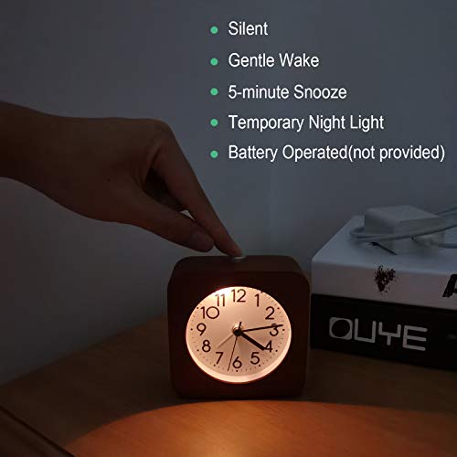 Reynoe 4 Inch Wooden Analog Alarm Clock Battery Operated NonTicking