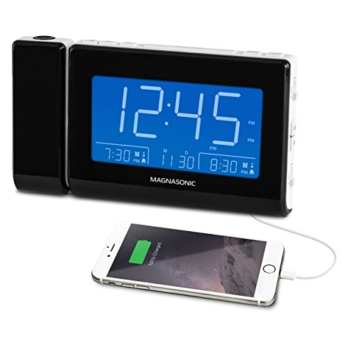 Magnasonic Alarm Clock Radio with USB Charging for Smartphones & Tablets, Time Projection, Auto Dimming, Dual Gradual Wake Alarm, Battery Backup, Auto Time Set, Large 4.8" LED Display, AM/FM (CR64W)