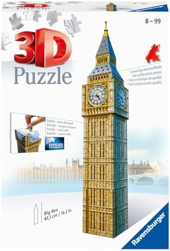 3D Puzzle 12554 - Big Ben - Der weltbekannte Uhrenturm aus London, offiziell seit 2012 Elizabeth Tower genannt, als dreidimensionales Modell zum selber Puzzeln ab 8 Jahren