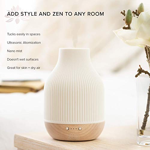 Essential Oil Diffuser Lamp, White Ceramic + Wood, Ultrasonic 180ml, Whispersoft, 4 Timers + 5