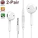 EldHus 2-Pack Ear Buds with Volume Control, Stereo Headphones with Mic, Android Earphones Noise Cancelling Earbuds for 3.5 Port, 3 feet, White