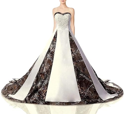 short white camo wedding dresses Asulla New Camouflage White Wedding Dresses Satin Camo Appliques Bridal Dresses