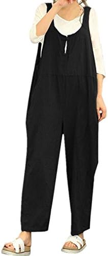 Qisc Women Pants Womens Casual Sleeveless Dungarees Loose Cotton Linen Bib Baggy Overalls Jumpsuit Pants Plus Size Romper (M, Black)