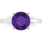 Clara Pucci 14K Solid White Gold 3 ctw Amethyst Solitaire Ring for Women | Anniversary, Birthday Gift | 9mm Round Cut