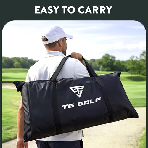 TS GOLF - Golf Practice Net - Indoor & outdoor 10x7ft - XL Tri-Turf driving net and Mat, 5 Balls, 3 Rubber Tees, Carry Bag, Chipping net, golf nets for backyard driving