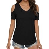 Buauty Womens Summer Trendy Shirts V Neck Criss Cross Cold Shoulder Tops Solid Color Fashion Casual Loose Sexy Blouse