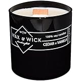 Scented Soy Candle: 100% Pure Soy Wax with Wood Double Wick | Burns Cleanly up to 60 Hrs | Cedar + Vanilla Scent with Notes of Cedarwood and Vanilla. | 12 oz. Black Jar by Wax and Wick