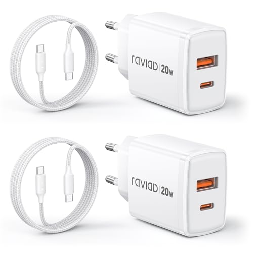 RAVIAD 20 W USB C Charger Pack of 2, [USBC + USBA] Fast Charger with USB C Cable 2 m, Power Supply Type C with 2 Port, Compatible with iPhone 17 16 15 Pro Max, Samsung Galaxy S25 S24 S23 Ultra