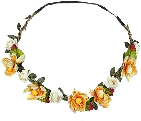 Handmade Boho Flower Headband Hair Wreath Halo Floral Garland Crown Headpiece with Ribbon Festival Wedding Party (Yellow)