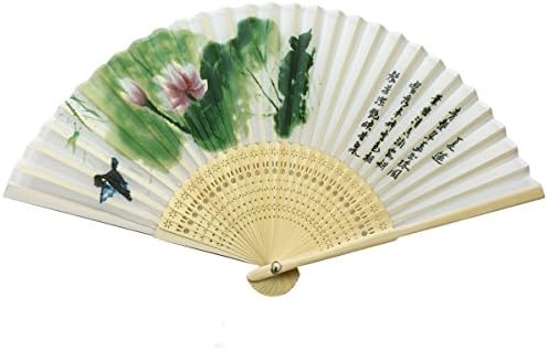 Lotus Painting Lace Folding Oriental Hand Fan with Bamboo Ribbing