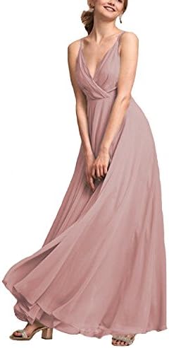 Heypen Women’s Long Maxi Chiffon Country Bridesmaid Dresses Deep V-Neck Gowns Blush Mauve Pink