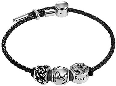 Leather Bracelet for Women Compatible with Pandora Beads DIY Adjustable Stainless Steel