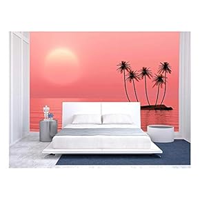 Palms Island at Sunset Sea - Removable Wall Mural | Self-Adhesive Large Wallpaper - 66x96 inches