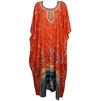 Mogul Interior Women's Kaftan Printed Orange Cover up Caftan Maxi Dress One Size