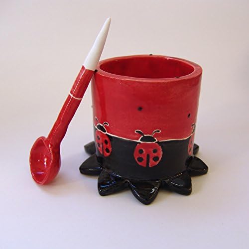 cute Salt dish or Sugar bowl w/ ceramic spoon &amp; Lady bugs :)