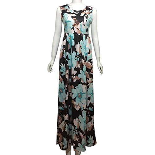 Vovotrade Women Sleeveless Floral Print Maxi Beach Long Dress With Pockets (L, Blue)