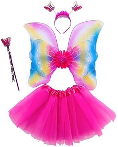 SamTaiker 4 PC Butterfly Girls Fairy Monarch Princess Costume Set with Wings, Tutu, Wand &amp; Head Band for Girls Dress up (Rose Red)