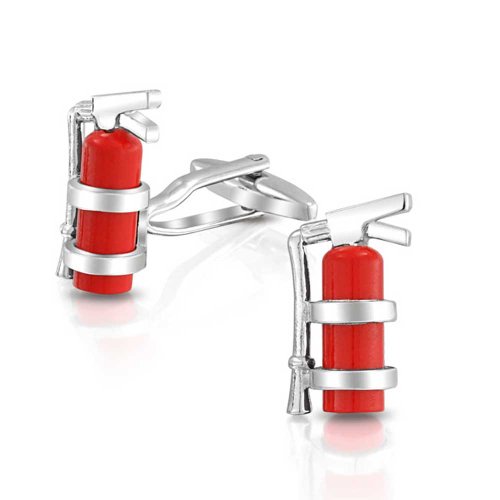 Bling JewelryFire Extinguisher Red Enamel Fireman Fighter Shirt Cufflinks For Men Silver Tone Stainless Steel Hinge Bullet Back