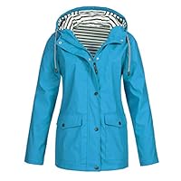 Pviolet Women Solid Rain Jacket Outdoor Plus Waterproof Hooded Raincoat Windproof Casual Fashion Outdoors Sky Blue