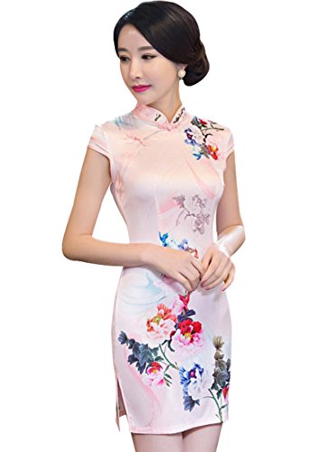 Wincolor Women's Chinese Traditional Cheongsam Floral Printed Cocktail Party Mini Dress