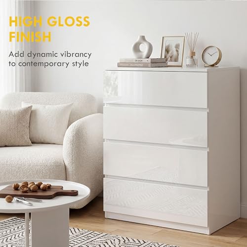 HOMCOM Dresser for Bedroom with 4 Drawers, High Gloss Chest of Drawers with Metal Runners and Groove Handles for Living Room, Hallway, White