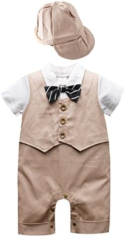 Baby Boy Short Sleeve Gentleman Romper 1pcs Toddler Outfit Clothing Set Jumpsuit With Hat (95cm(18-24Month), Khaki)