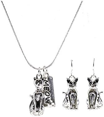 'The Cats Meow' Trio Cat Pendant Necklace and Earring Set, Oxidized Silver-tone