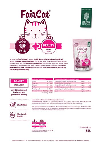 Green Petfood FairCat Beauty (16 x 85 g), getreidefreies Katzenfutter, Katzennassfutter mit Tierwohl-Hühnchen und Lachs aus artgerechter Haltung, Katzenfutter mit Hanföl für schönes Fell, 16er Pack – Bild 4