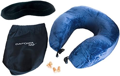 DAPOWA NAP Travel Kit - Neck Memory Foam Pillow with 2 Pairs of Earplugs - Includes Carrying Bag - BONUS Free Memory Foam Eyepad (BLUE)