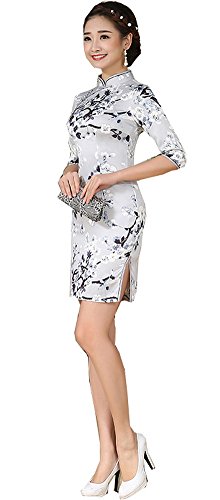 Women Emulation Silk Cheongsam Three Quarter Sleeve Sheath Qipao Dress