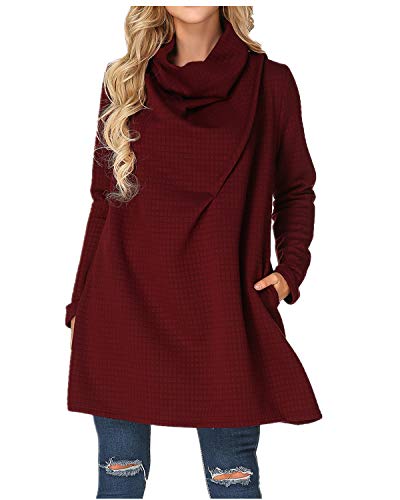 ZANZEA Womens Cowl Neck Plus Size Sweater A Line Swing Dress Turtleneck Knitted Sweatshirt Long Sleeve Wine Red US 4