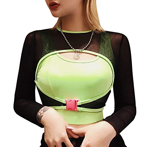 Women's Long Sleeve See-Through Sheer Mesh Crop Tops Buckle Summer Top Cover Ups (M, C - Black 2)